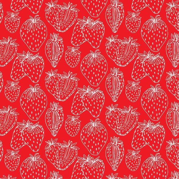 Vector línea dibujada doodle fresas sobre fondo rojo. lindo patrón de verano sin inconvenientes.