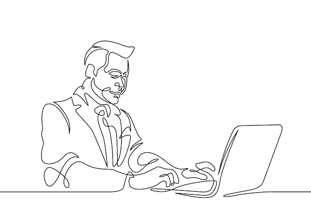 Una línea dibujada a mano continua del usuario sentado en la computadora Concepto de trabajo para una computadora portátil El inicio de Internet es un hombre de negocios especialista en TI programador hipster