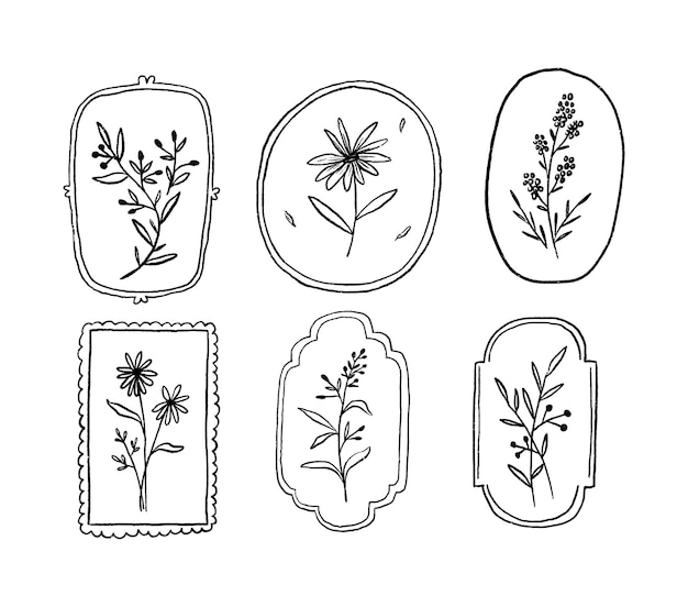 Vector línea dibujada a mano marco botánico floral estético