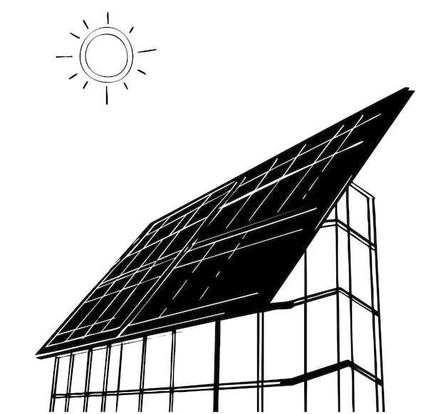 Una línea dibujada panel solar negro en el edificio Esbozo
