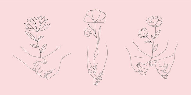 Vector una línea dibujada tomados de la mano con flores.