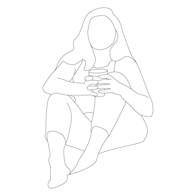 una línea dibujando a una chica con la mano sujetando una taza de café