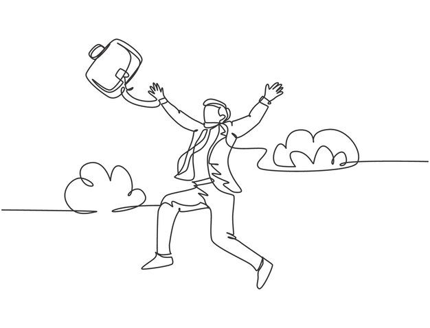 Una línea dibujando a un joven hombre de negocios feliz y enérgico lanzando un maletín saltando sobre la nube