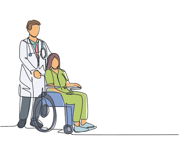 Una línea dibujando a un joven médico visitando y estrechando la mano del anciano paciente en silla de ruedas en el hospital