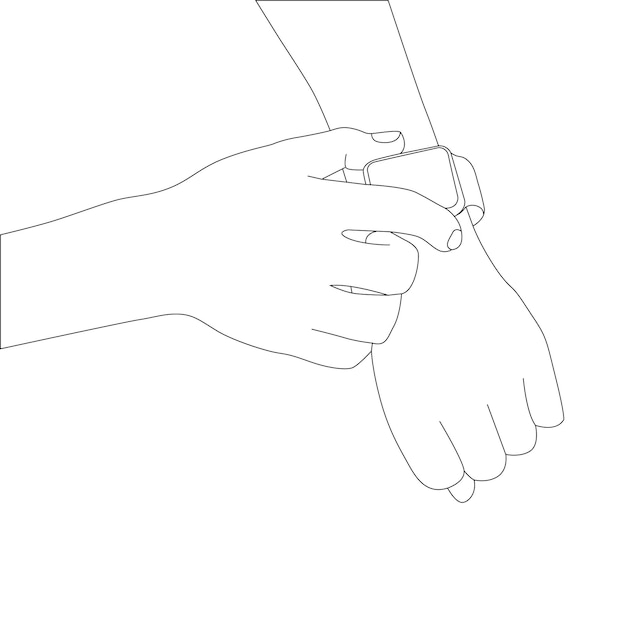 una línea dibujando la mano que sostiene el reloj inteligente