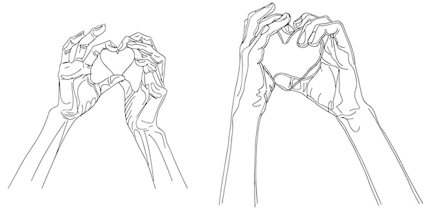 Vector una línea dibujando manos haciendo un signo o símbolo corazón con los dedos