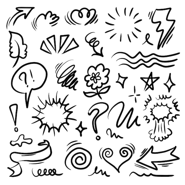 Línea de dibujo elemento lindo estrella forma de corazón dibujo a mano dibujo estilo de dibujo corazón sol estrella elemento conjunto flecha estrella brillo corazón símbolo de decoración de texto ilustración vectorial