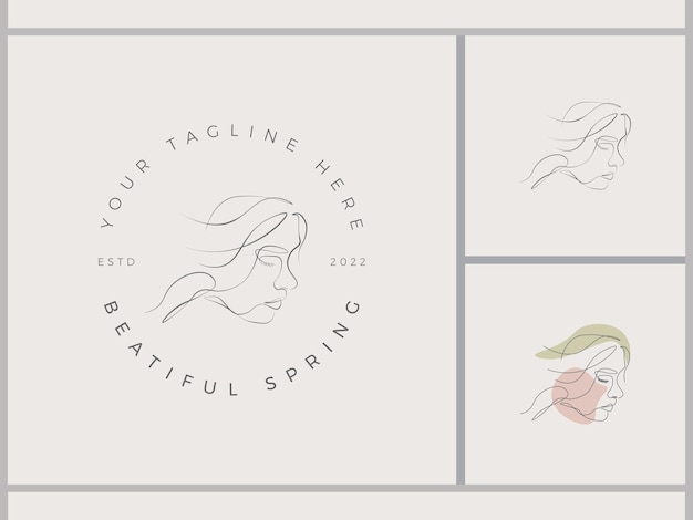 Una línea de dibujo foman face beauty set femenino plantilla de logotipo para ilustraciones de mujeres Vector Premium