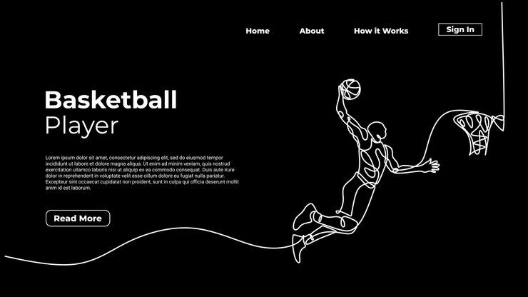 Una línea de dibujo jugador de baloncesto atleta personas saltan y golpean una pelota Plantilla web de página de destino