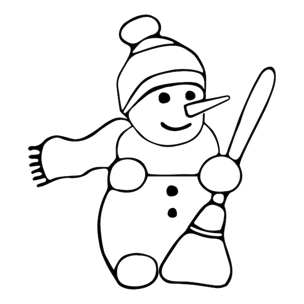 Línea de dibujo a mano alzada, estilo de dibujos animados de muñeco de nieve Contorno negro de muñeco de nieve Libro para colorear