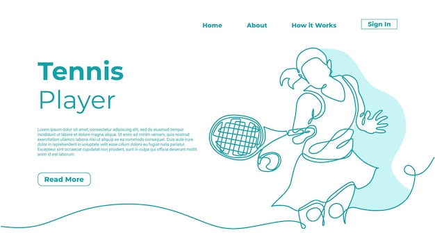 Una línea de dibujo mujer jugando tenis vector ilustración chica con raqueta continuo gráfico dibujado a mano Elementos web de plantilla de página de destino con colores