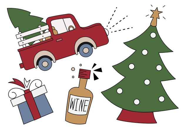 Línea de dibujos animados de vector de ilustración de objetos de Navidad conjunto aislado sobre fondo blanco