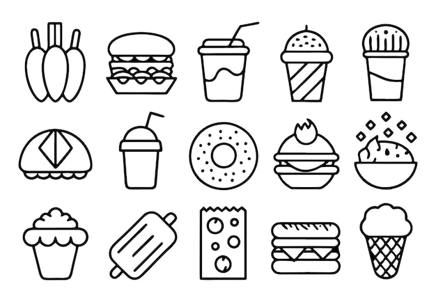una línea de diferentes alimentos, incluida una hamburguesa de perrito caliente y helado