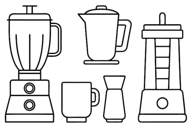 una línea de diferentes electrodomésticos de cocina que incluyen una licuadora y un licuador