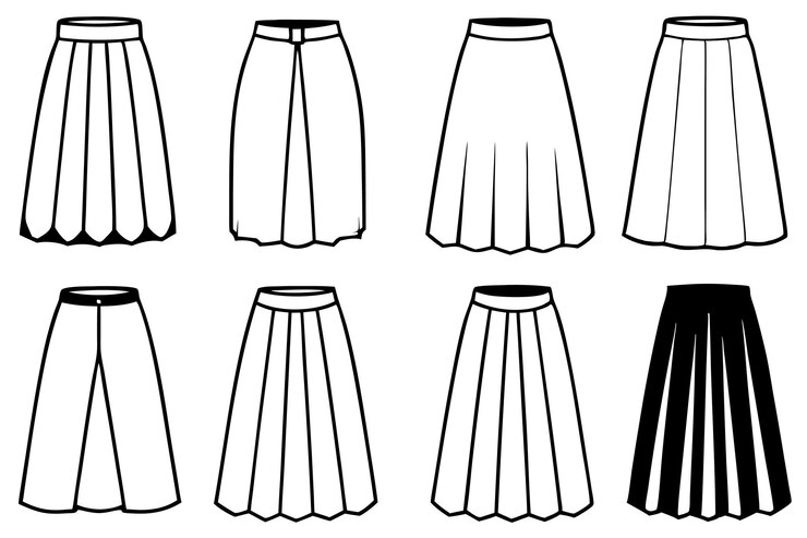 Vector una línea de diferentes vestidos con una falda blanca