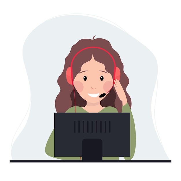 Línea directa del centro de llamadas Servicio de atención al cliente Mujer con auriculares y micrófono con portátil