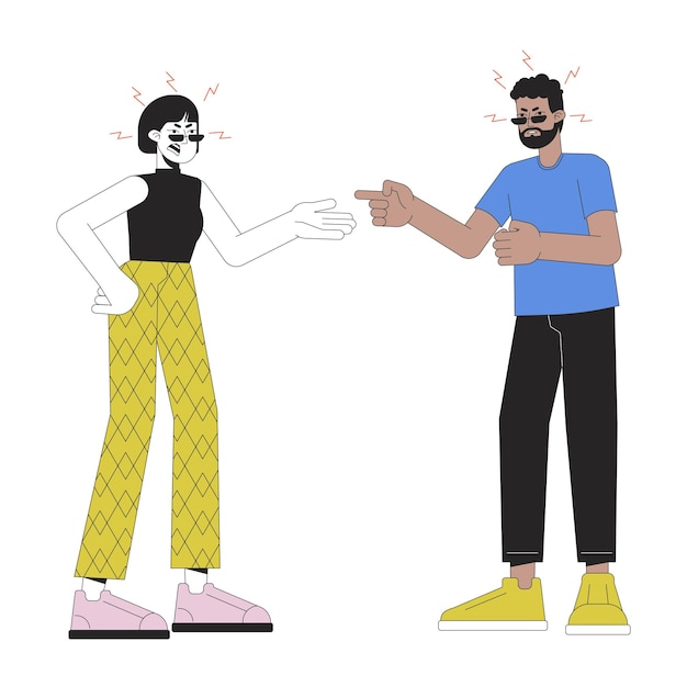 Línea de discusión de una pareja interracial Ilustración plana de dibujos animados