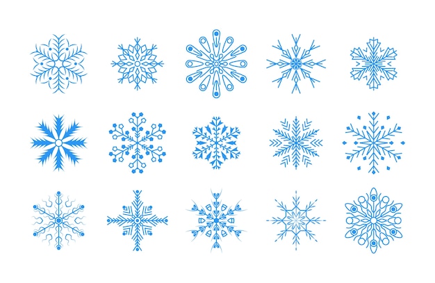 Línea de diseño plano copos de nieve conjunto de elementos de decoración de navidad y año nuevo. elemento de cristal de copos de nieve azul de invierno.