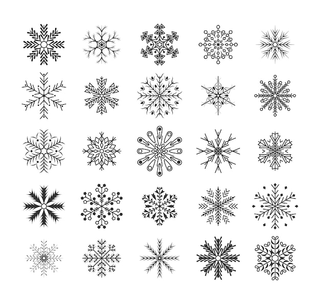 Línea de diseño plano copos de nieve negros Conjunto de elementos de decoración de Navidad y año nuevo.