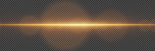 Línea dorada de luz resplandeciente haz horizontal en un fondo transparente
