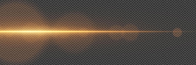 Línea dorada de luz resplandeciente haz horizontal en un fondo transparente