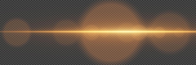 Línea dorada de luz resplandeciente haz horizontal en un fondo transparente