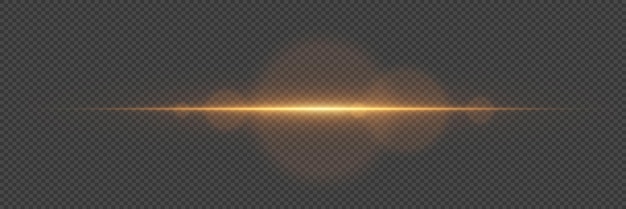 Línea dorada de luz resplandeciente haz horizontal en un fondo transparente