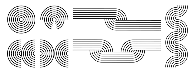 Línea elementos geométricos abstractos círculo arco onda icono retro conjunto de formas de mediados de siglo editable