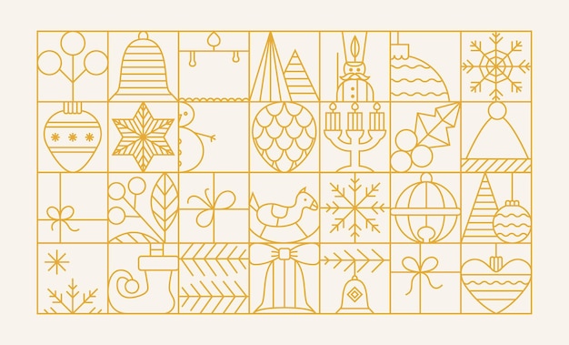 Línea de elementos navideños cuadrícula para fondo de tarjeta de banner Vector esquema simple caja de regalo de juguete abeto
