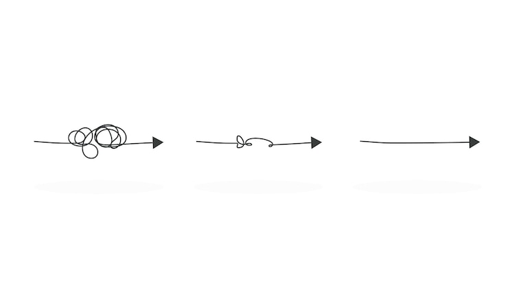 Vector línea enredada vs línea clara metáfora abstracta de forma complicada de pensar y forma simple flecha