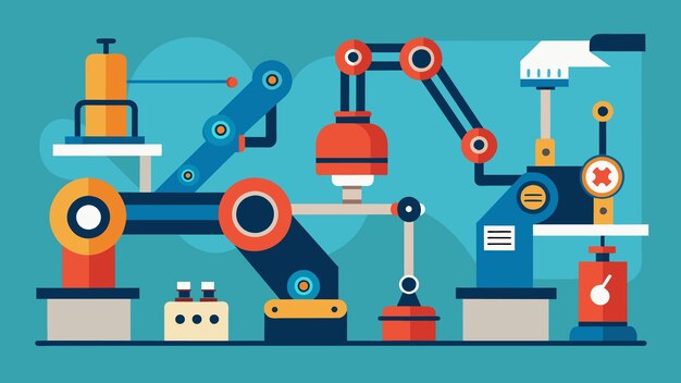 Vector una línea de ensamblaje de brazos robóticos cada uno trabajando en un componente diferente de un producto muestra el