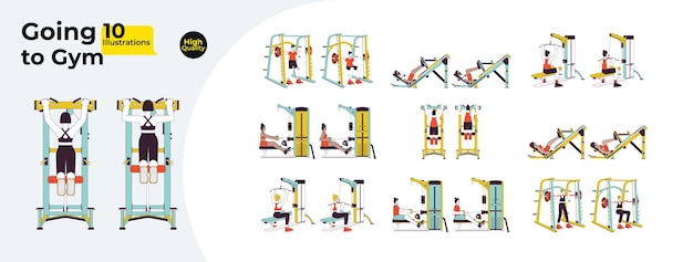 Línea de entrenamiento deportivo de gimnasio paquete de ilustración plana de dibujos animados diversas deportistas deportistas 2d personajes lineales aislados en fondo blanco máquinas escenas de entrenamiento colección de imágenes en color vectorial