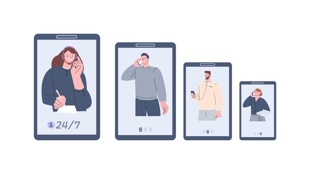 Linea de espera en el centro de llamadas Gente con teléfono inteligente trabajador de servicio de soporte en línea Chat de información ayudando en línea para los clientes Concepto vectorial de cola digital