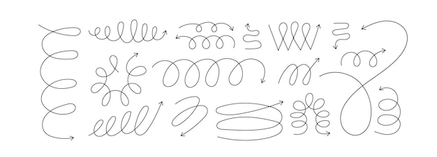 Línea espiral resorte flecha vector ilustración conjunto Y2k elemento de diseño estético Objeto flexible elástico Elementos lineales minimalistas modernos flechas de contorno de moda Onda de bobina en zigzag diferente