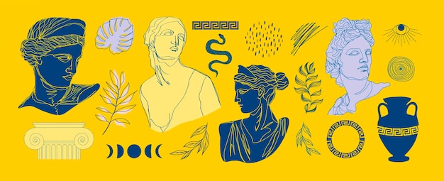 Una línea Estatuas antiguas Cabezas de mujer ánfora ornamento serpiente Mítico estilo griego antiguo