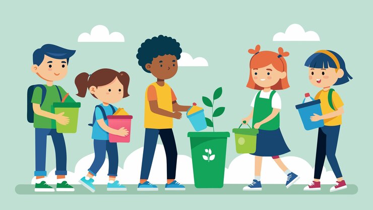 Vector una línea de estudiantes que se forman para dejar sus contribuciones de reciclaje cada uno sintiéndose orgulloso de su