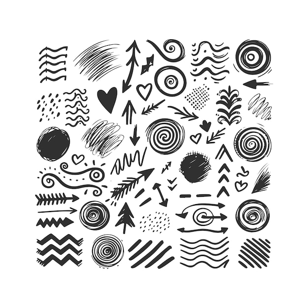 Línea de flecha dibujada a mano Grunge elemento de flecha en espiral cuadrada pincel de línea garabateable Diseño vectorial de conjunto