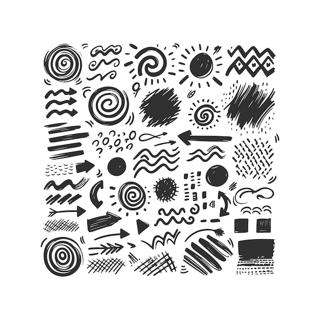 Línea de flecha dibujada a mano Grunge elemento de flecha en espiral cuadrada pincel de línea garabateable Diseño vectorial de conjunto