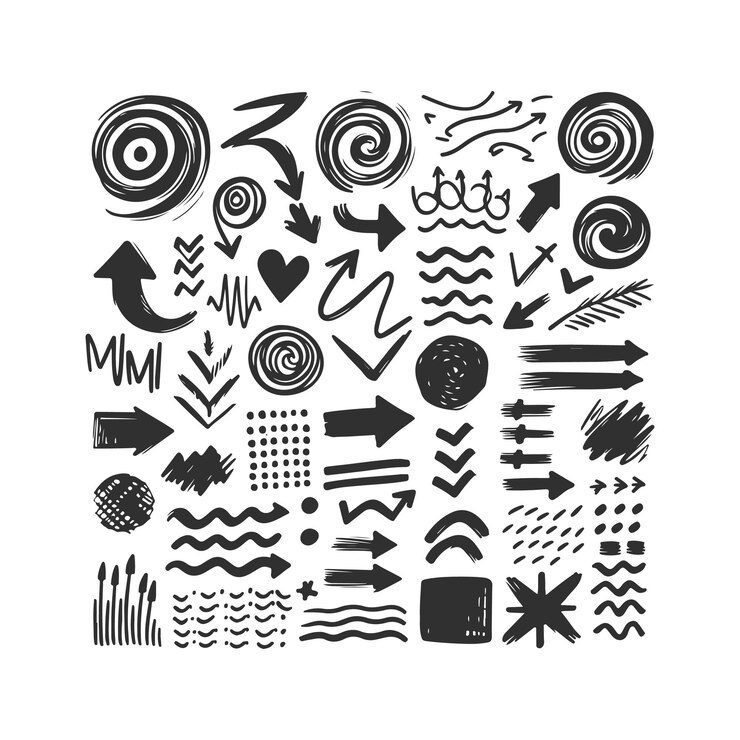 Vector línea de flecha dibujada a mano grunge elemento de flecha en espiral cuadrada pincel de línea garabateable diseño vectorial de conjunto