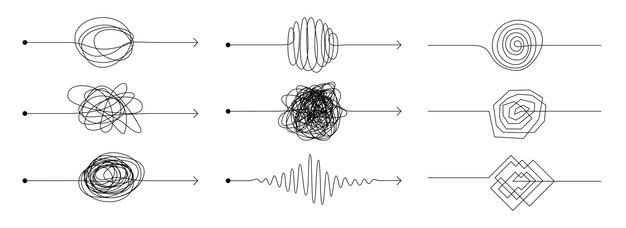 Línea de flecha de nudo. Doodle mentalidad de caos, concepto de lío con boceto de garabatos a mano alzada, conjunto de garabatos negros. Vector dibujado a mano difícil proceso de pensamiento con caminos de enredo de flechas de concepto