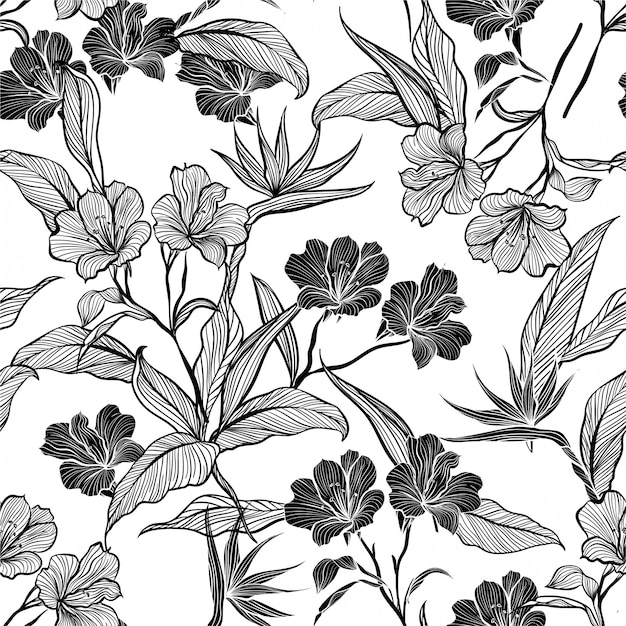 Línea de flores y plantas botánicas en el jardín Ilustración de Vector de patrones sin fisuras.
