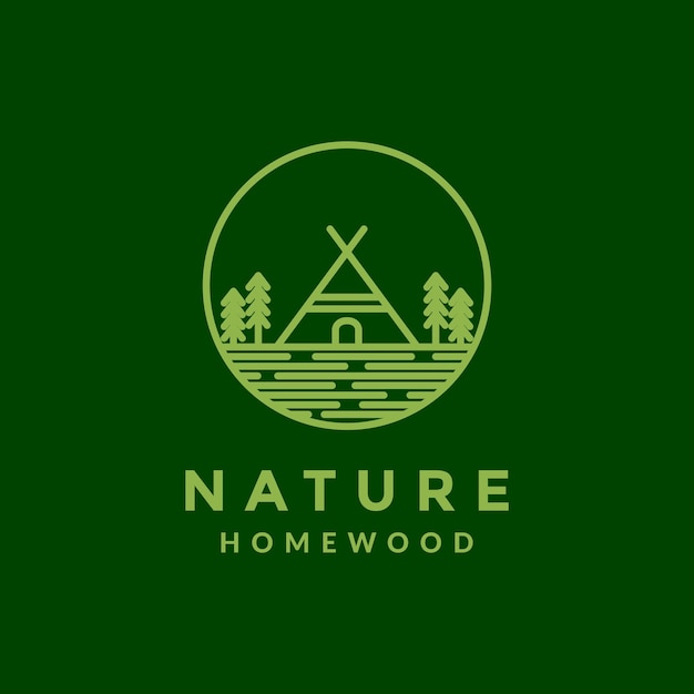 Línea forma casa madera verde con árboles bosque logotipo diseño vector gráfico símbolo icono ilustración