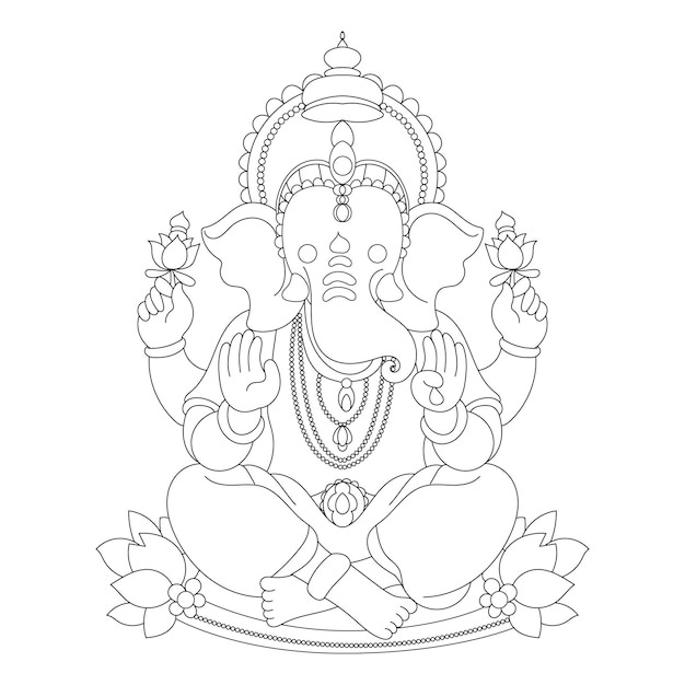 Línea de Ganesha en blanco y negro plano o estilo de ilustración lowbrow deidad hindú símbolo de la sabiduría