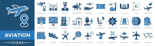 Línea de iconos de aviación Vuelo Navegación Avión Cabina del piloto Uniforme Mantenimiento de aeronaves