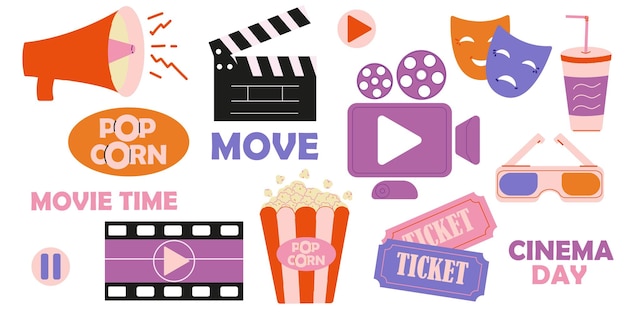 Línea de iconos de cine Envasado de cajas de palomitas de maíz Entrada de entradas abierta Estilo de diseño plano