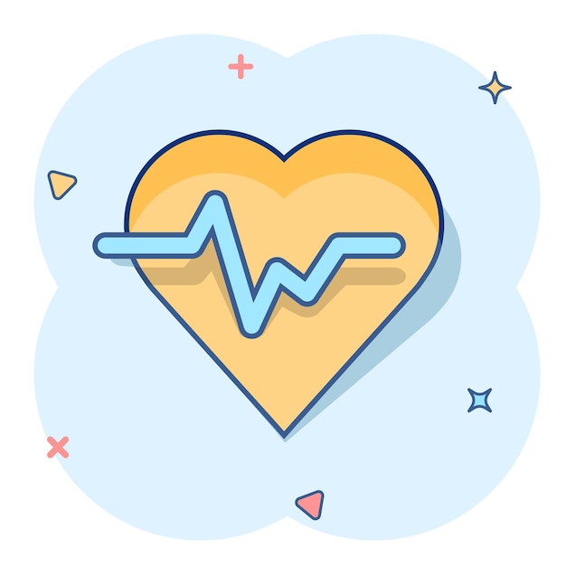 Línea de latidos del corazón de dibujos animados vectoriales con icono de corazón en estilo cómico Pictograma de ilustración del concepto de latido del corazón Concepto de efecto de salpicadura de negocio de ritmo cardíaco