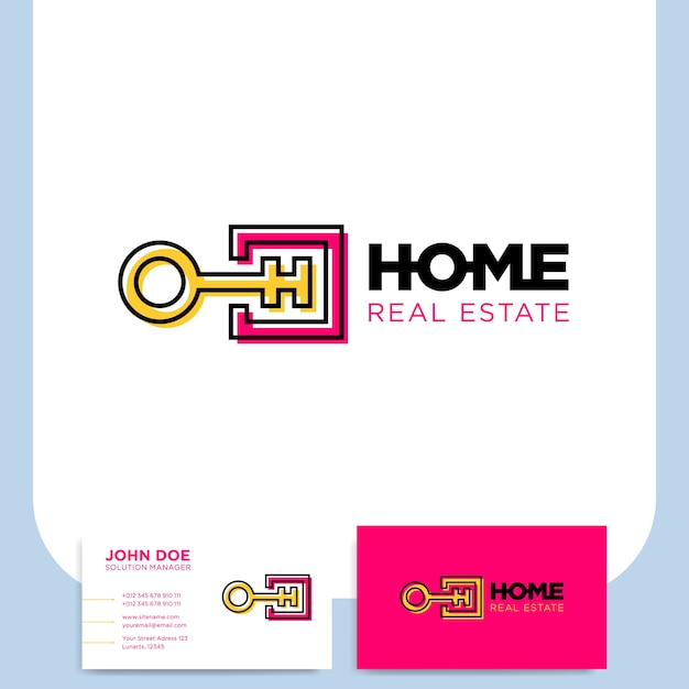 Vector línea de llave cuadrada y logotipo de la letra h para la seguridad del hogar con tarjeta de visita