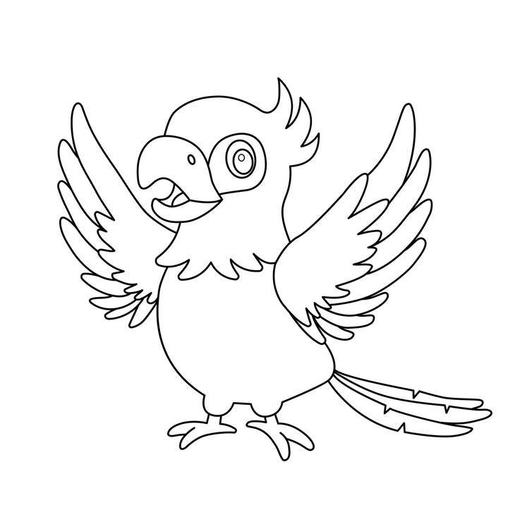 Vector línea loro pájaro de pie y ala de onda esquema personaje de dibujos animados aislado en blanco para colorear libro