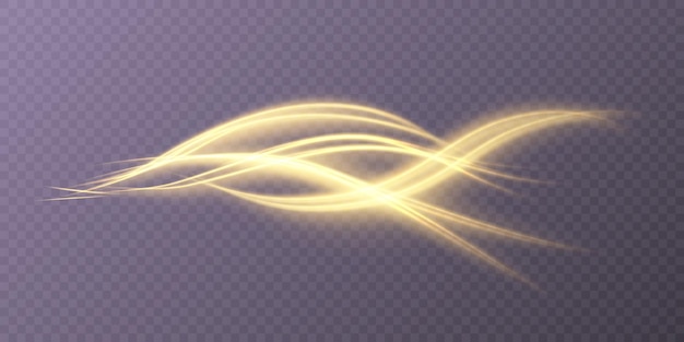 Línea de luz dorada ondulada abstracta sobre fondo transparente. Flujo de energía de la luz. Vector