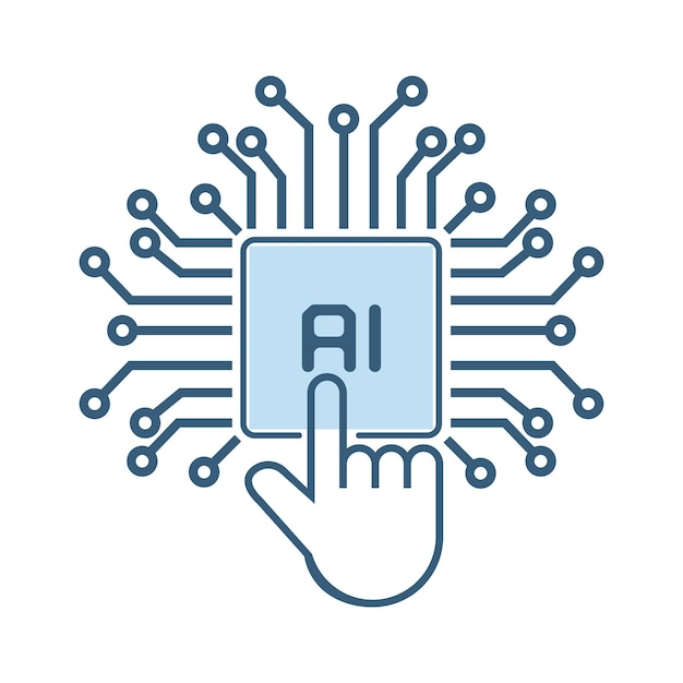 Línea de mano tocando un chip de icono de símbolo de sistema de circuito para tecnología de máquina robótica utilizada en IA